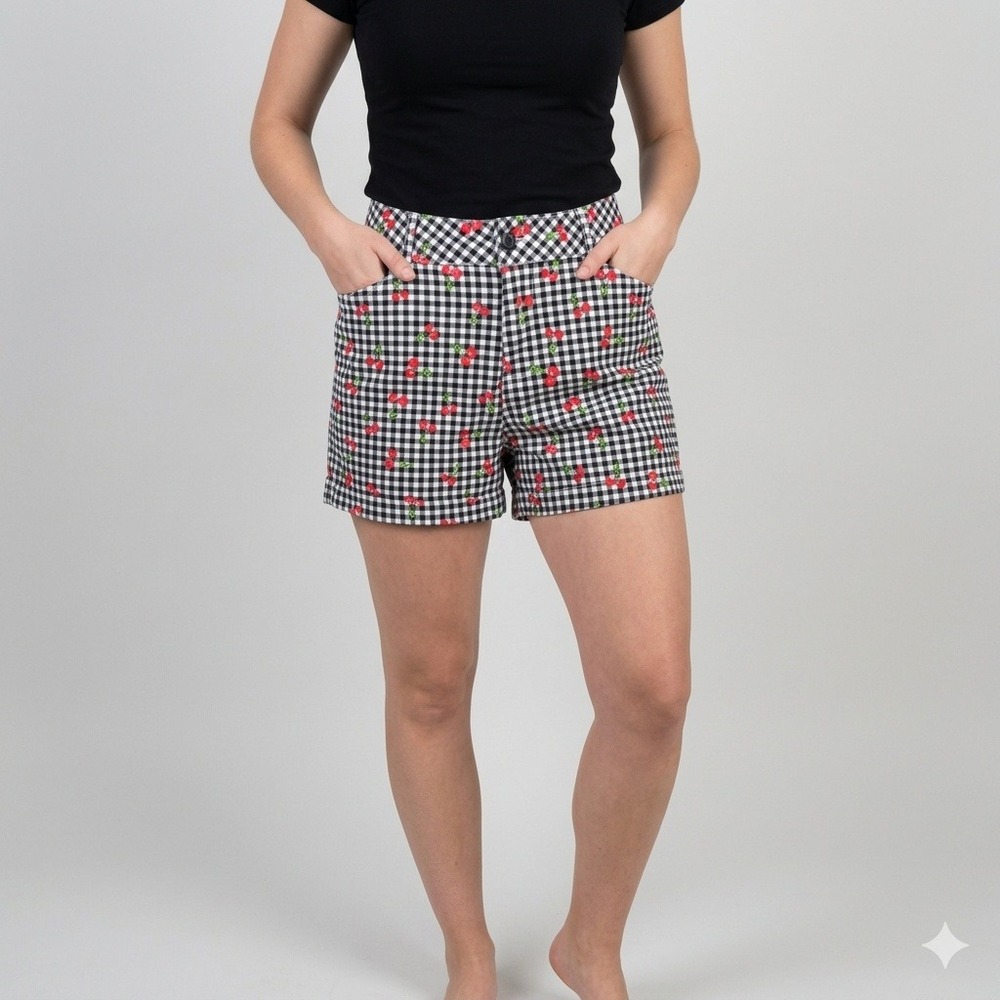 Bagatelle Collection Cherry Print Gingham Shorts Black White Red Size 6 Retro